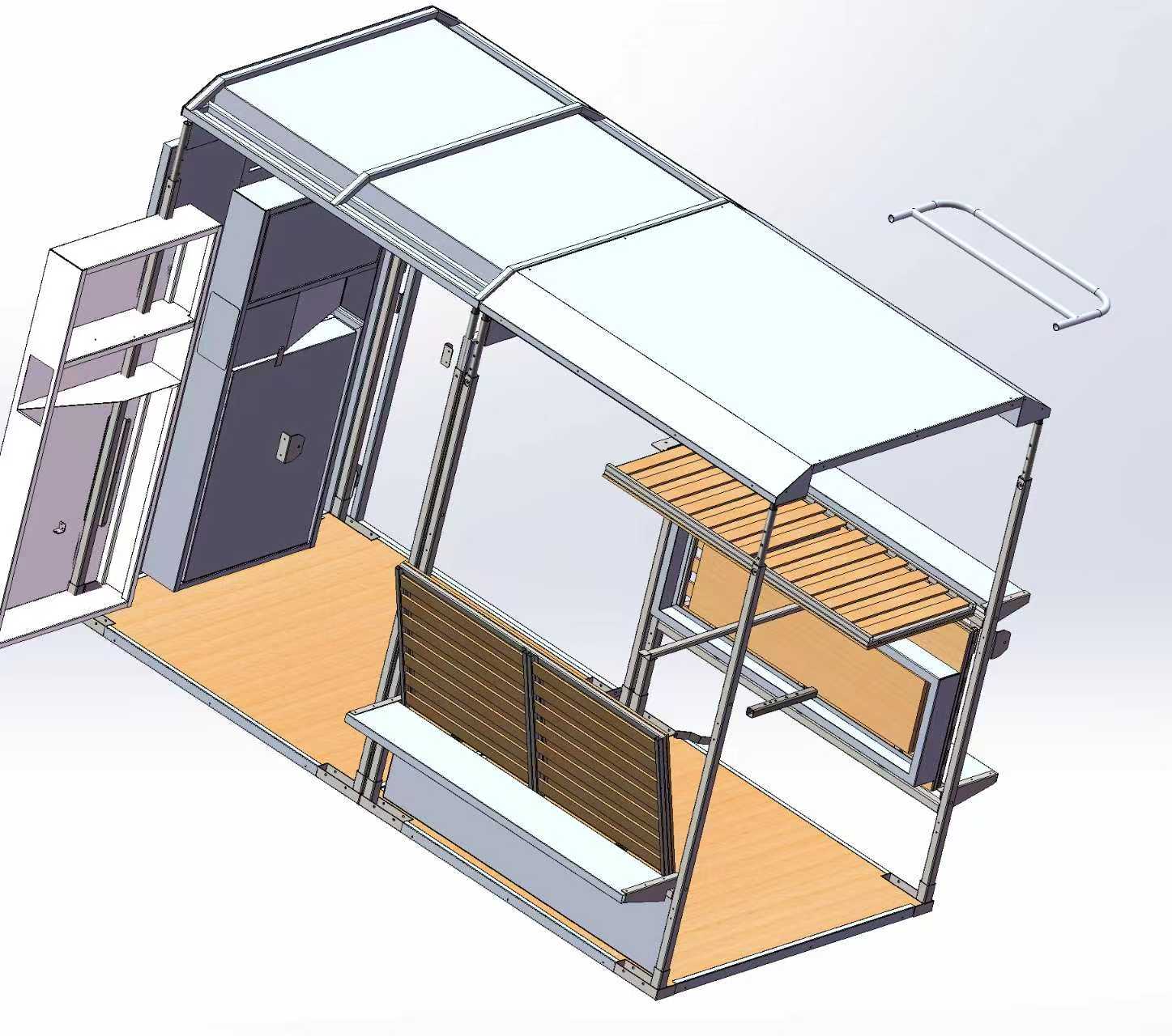 3D Exploded view of Fiat Ducato camper kit showing patented locking mechanism