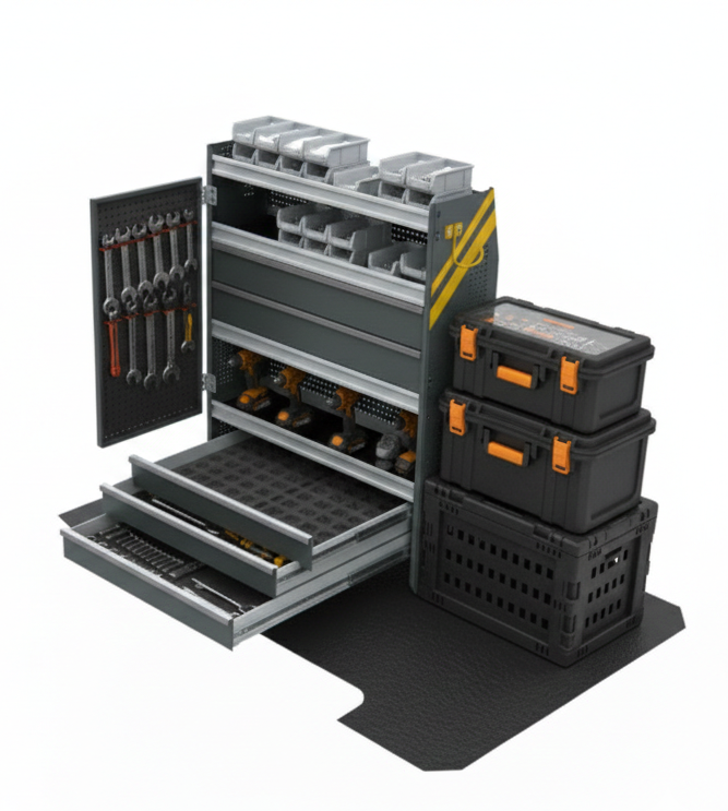 Modular shelving for logistics fleets allowing dual-use